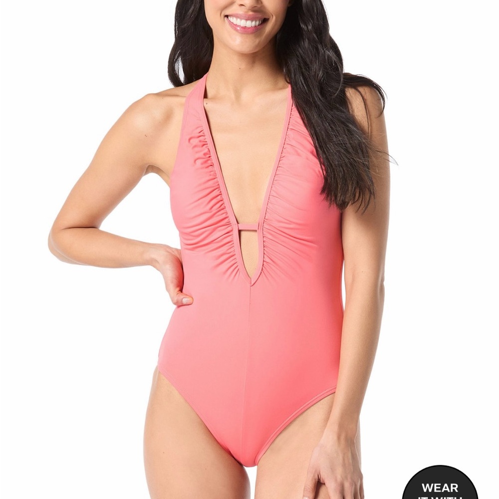 Vince Camuto Pop Coral One Piece Swimsuit with Ruched V-Neck